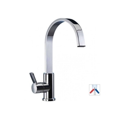 Vattenkran med enkel grepp, böjd hög pip, glänsande metallfinish, modern design.